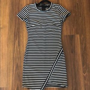 Black and white asymmetrical hem mini dress